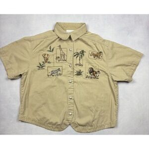 Casey‎ & Max Safari Shirt Womens Large Tan Khaki Embroidered Animals Snap Up L